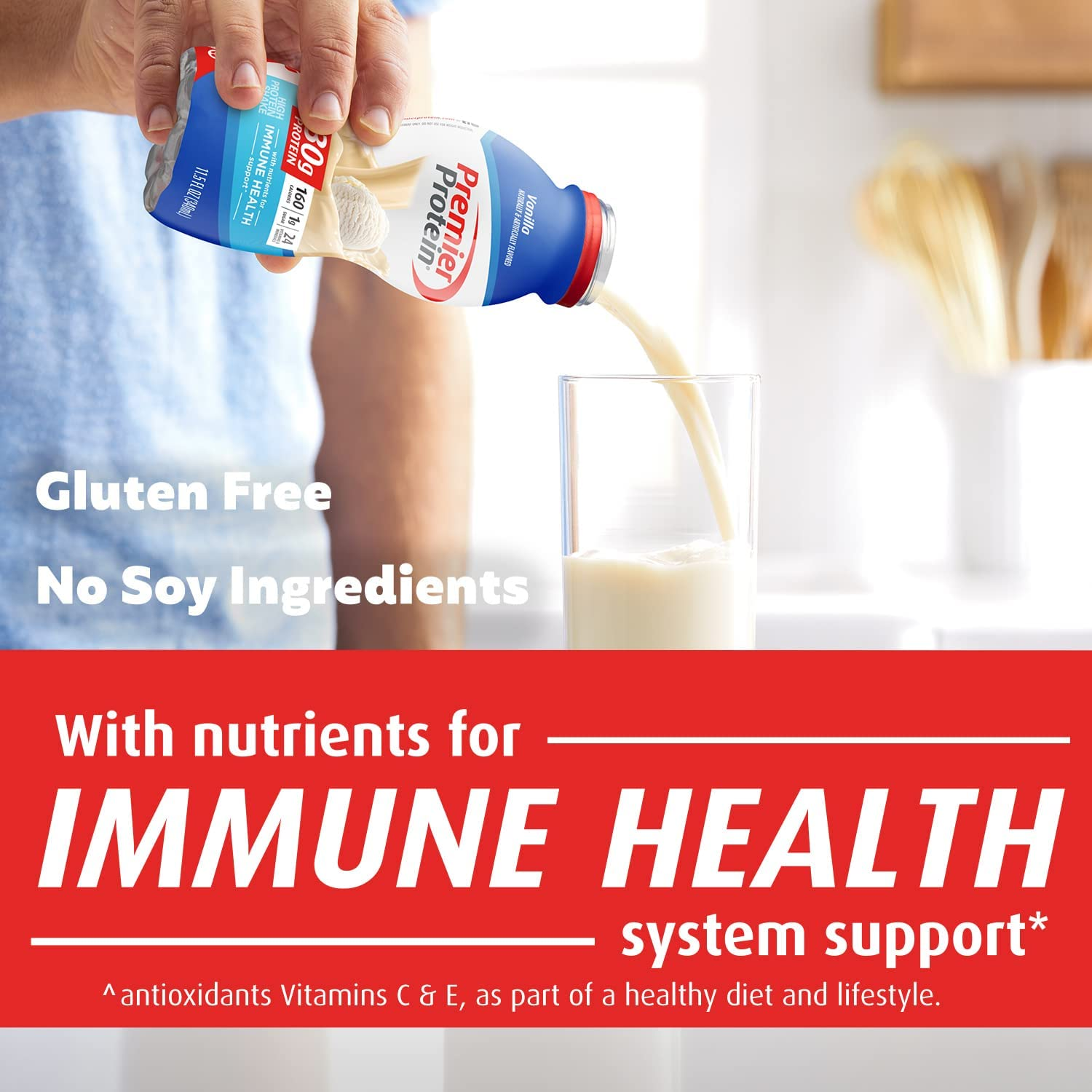 Premier Protein Shake, Vanilla, 30g Protein, 1g Sugar, 24 Vitamins & Minerals, Nutrients to Support Immune Health, 11.5 Fl Oz, Pack of 12