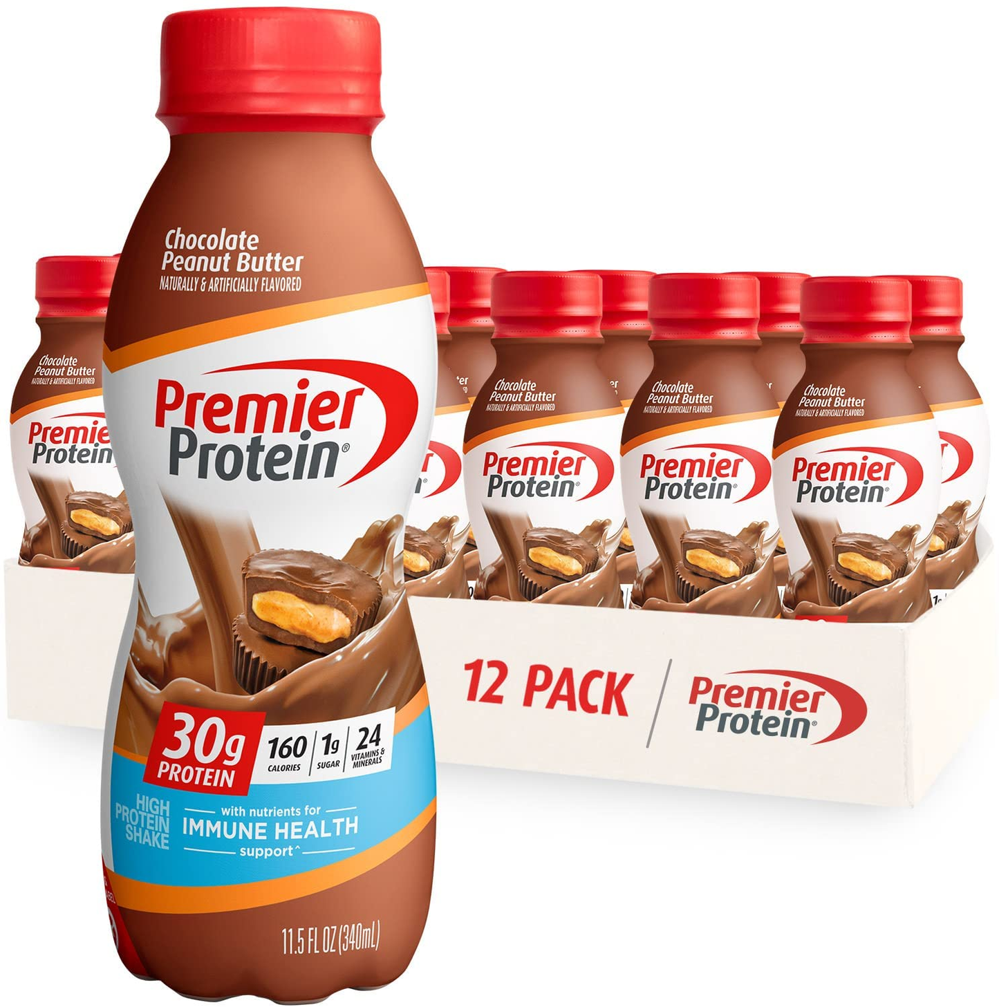 Premier Protein Shake, Chocolate Peanut Butter, 30g Protein, 1g Sugar, 24 Vitamins & Minerals, Nutrients to Support Immune Health, 11.5 Fl Oz, Pack of 12
