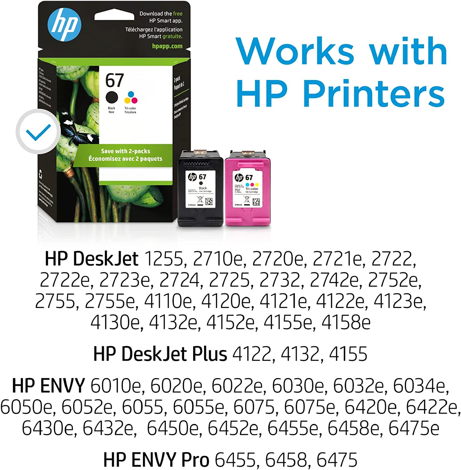 Original  67 Black/Tri-Color Ink Cartridges (2-Pack) | Works with  Deskjet 1255, 2700, 4100 Series,  ENVY 6000, 6400 Series | Eligible for Instant Ink | 3YP29AN