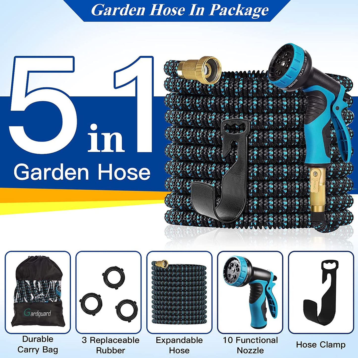 25Ft Garden Hose Expandable: Expandable Water Hose with Durable 3-Layers Latex and 10 Function Nozzle, Durable Water Hose with Solid Fittings (BLUE)
