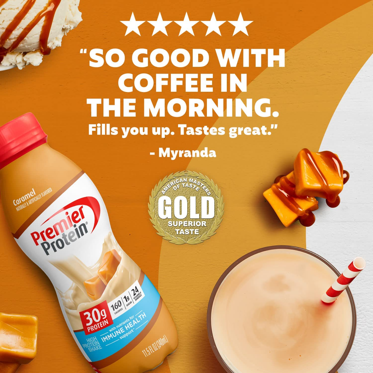 Premier Protein Shake, Caramel, 30g Protein, 1g Sugar, 24 Vitamins & Minerals, Nutrients to Support Immune Health, 11.5 Fl Oz, Pack of 12