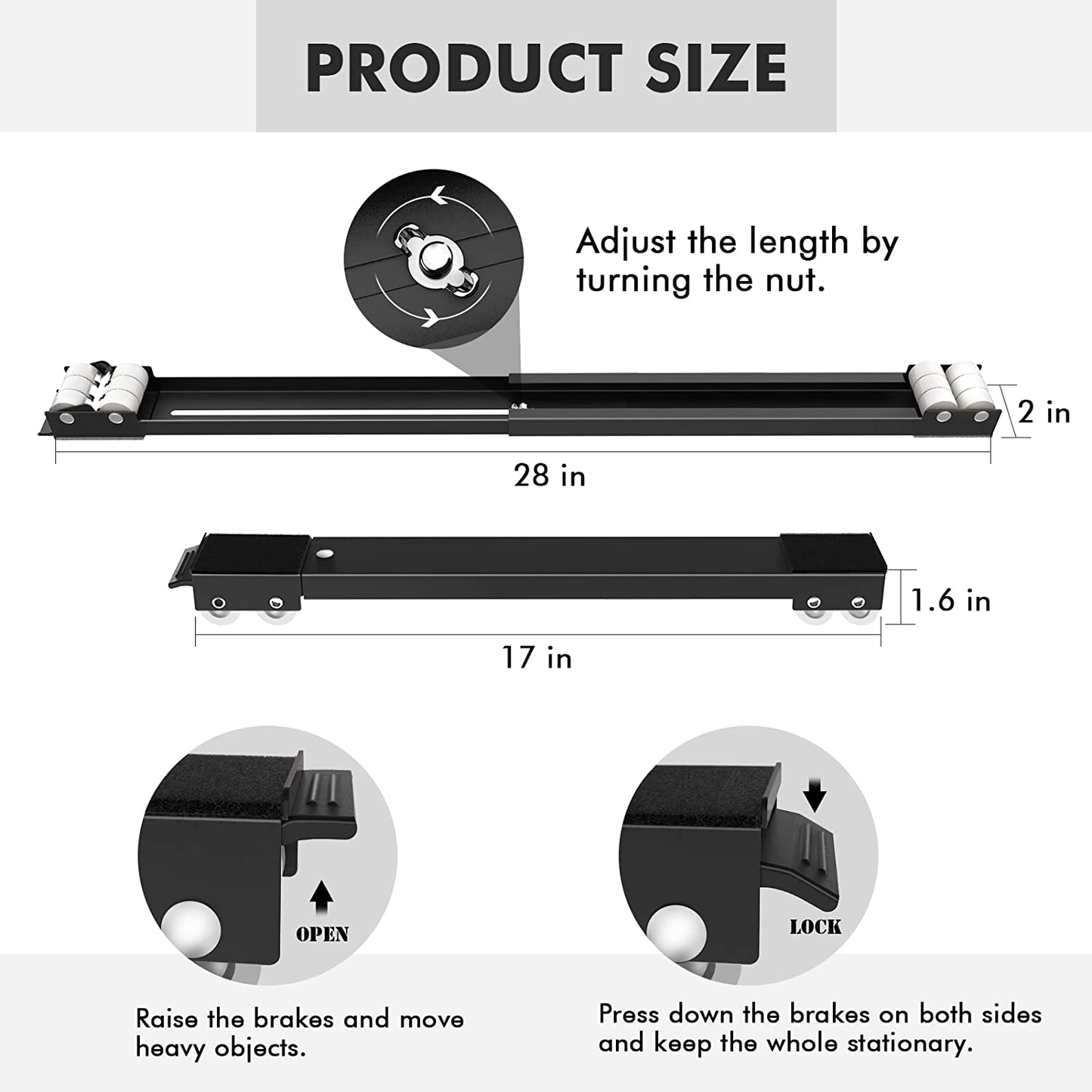 Furniture Dolly Mobile Roller, Extendable Appliance Rollers Mobile Washing Machine Base, Fridge Stand Moving Cart for Washing Machines, Refrigerators, Dryers, Dishwashers, Black