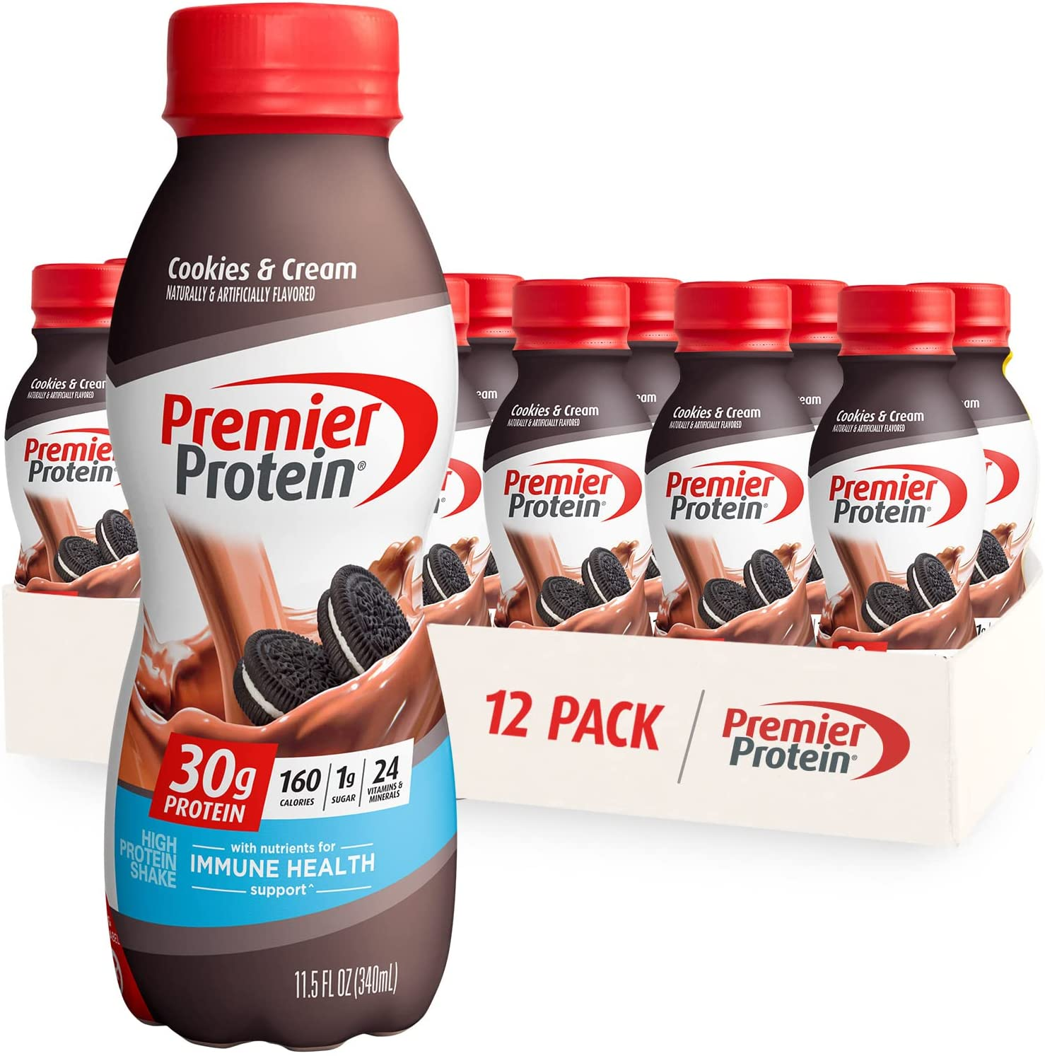 Premier Protein Shake, Cookies & Cream, 30G Protein, 1G Sugar, 24 Vitamins & Minerals, Nutrients to Support Immune Health 11.5 Fl Oz, 12 Pack