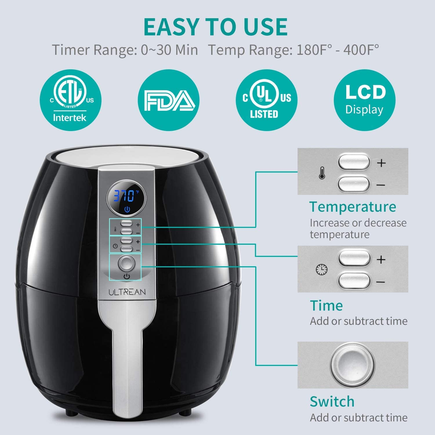 Air Fryer, 4.2 Quart (4 Liter) Electric Hot Air Fryers Oven Oilless Cooker with LCD Digital Screen and Nonstick Frying Pot, ETL/UL Certified,1-Year Warranty,1500W (Black)