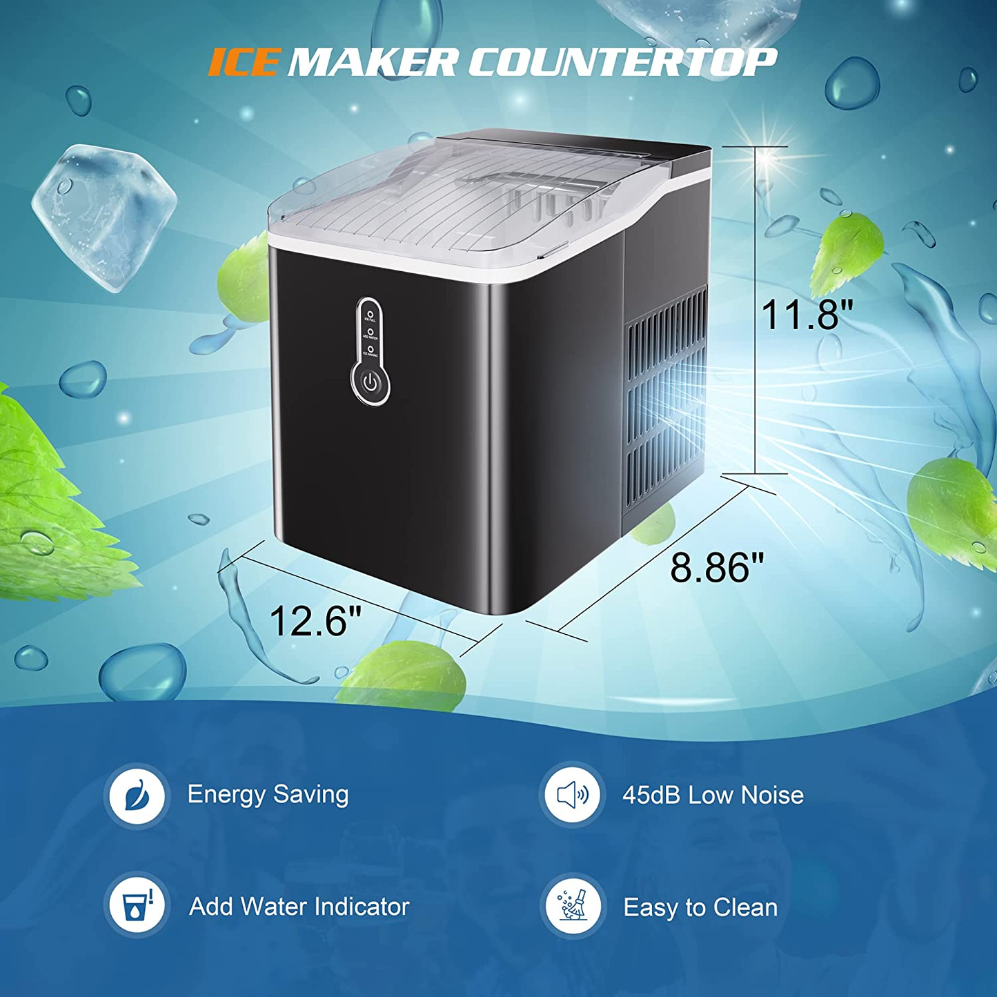 Ice Maker Countertop, Efficient Easy Carry Ice Maker, Self-Cleaning Ice Maker with Ice Scoop & Basket, 9Pcs/ 8Mins 26.6Lbs per Day for Home/Office/Kitchen, Black