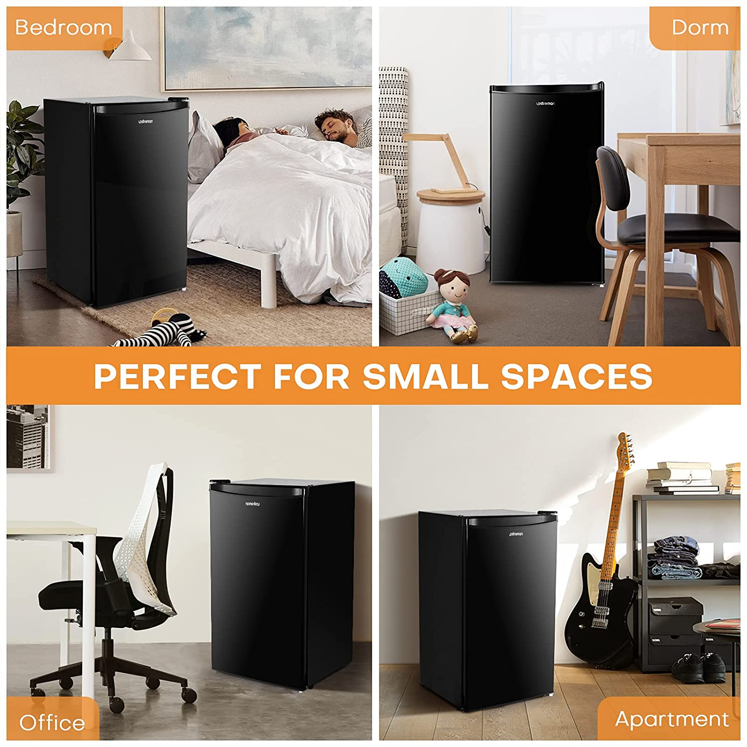 3.2 Cu.Ft Mini Fridge with Freezer, Single Door Mini Fridge, Adjustable Thermostat, Mini Refrigerator for Dorm, Office, Bedroom, Black-Br321