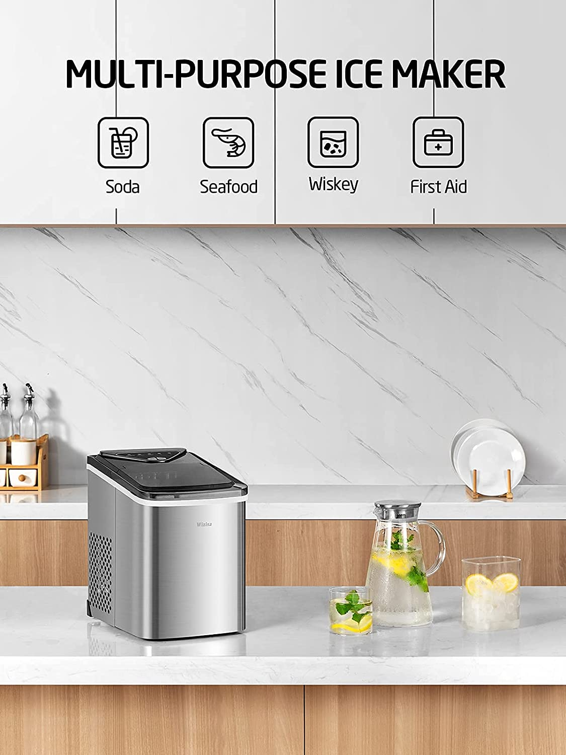 Ice Maker Machine for Countertop, 9 Bullet Ice Cubes Ready in 6 Minutes, 26Lbs in 24Hrs Portable Ice Maker Machine Self-Cleaning, 2 Sizes of Bullet-Shaped Ice for Home Kitchen Office Bar Party