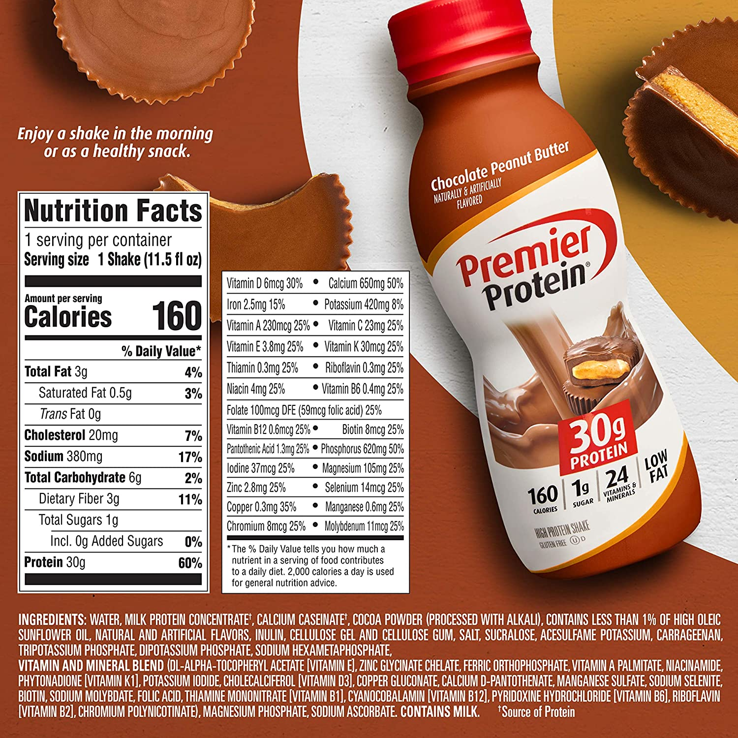 Premier Protein Shake, Chocolate Peanut Butter, 30g Protein, 1g Sugar, 24 Vitamins & Minerals, Nutrients to Support Immune Health, 11.5 Fl Oz, Pack of 12