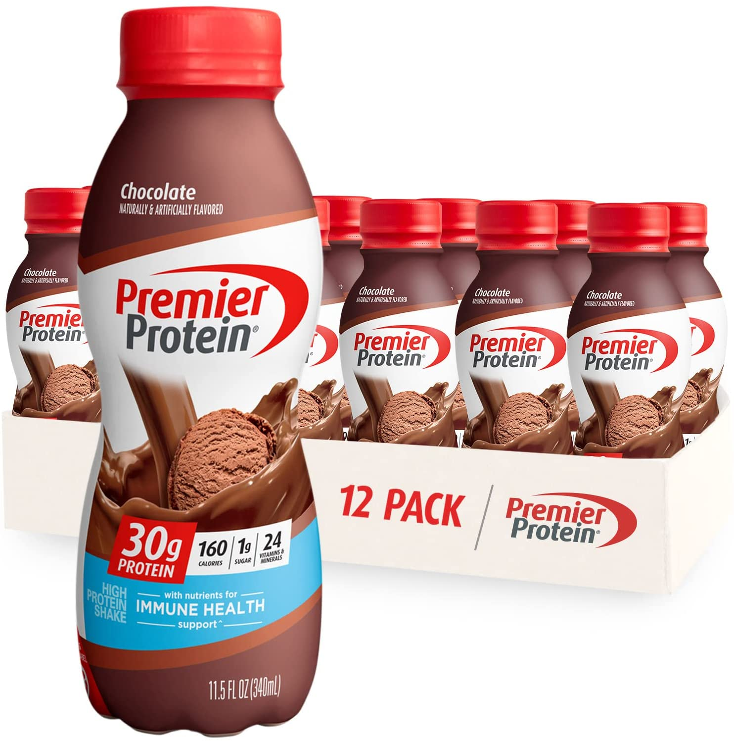 Premier Protein Shake, Chocolate, 30g Protein, 1g Sugar, 24 Vitamins & Minerals, Nutrients to Support Immune Health, 11.5 Fl Oz, Pack of 12