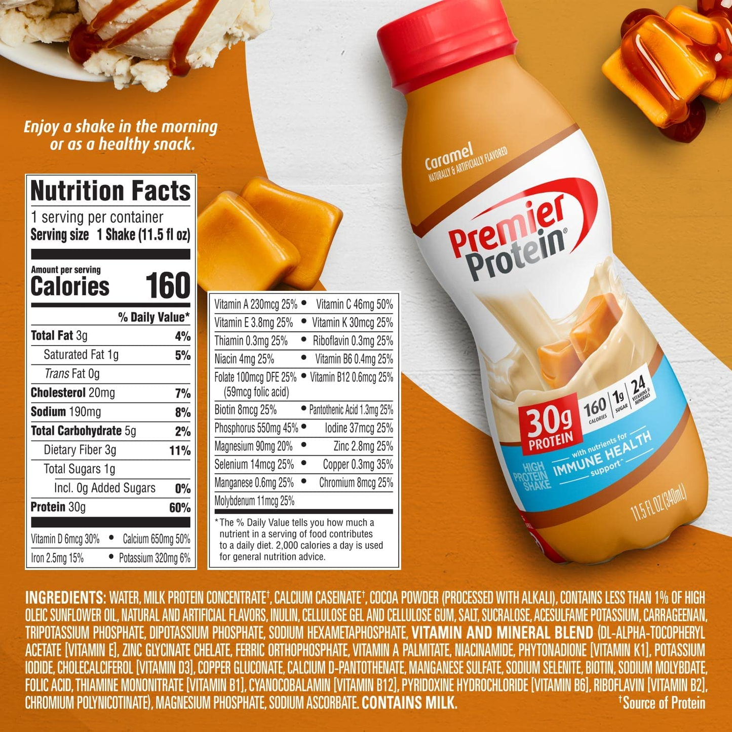 Premier Protein Shake, Caramel, 30g Protein, 1g Sugar, 24 Vitamins & Minerals, Nutrients to Support Immune Health, 11.5 Fl Oz, Pack of 12