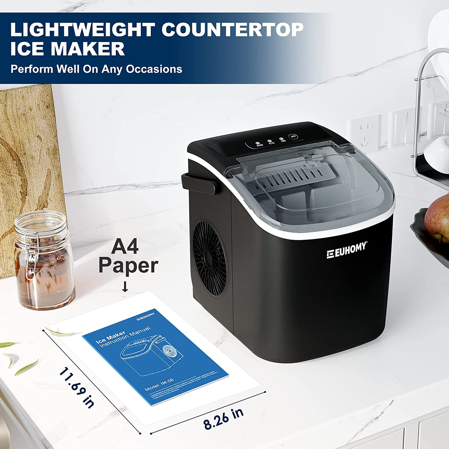 Euhomy Ice Maker Machine Countertop with Handle, 26Lbs/24H, 9 Bullet Ice Cubes Ready in 6 Mins, Auto-Cleaning, Portable Ice Maker with Basket and Scoop, for Home/Kitchen/Camping/Rv. (Black)