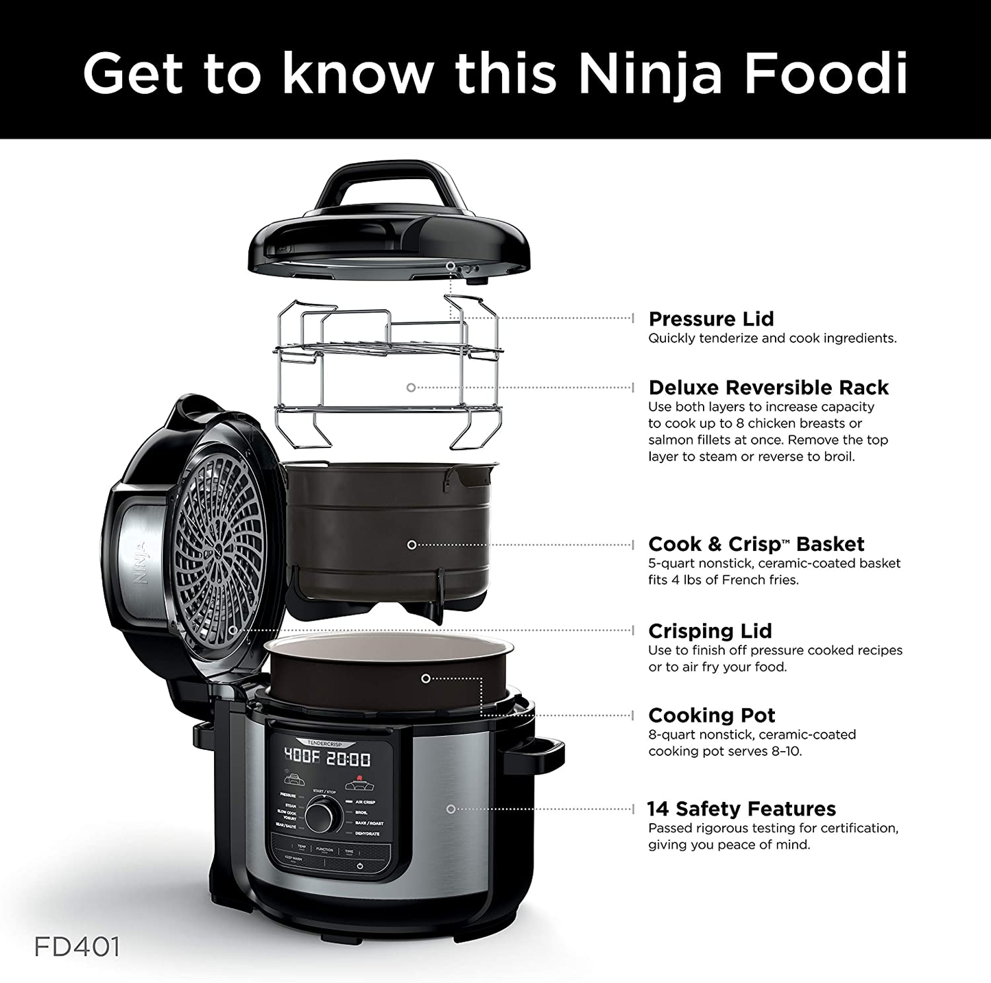 Ninja FD401 Foodi 12-In-1 Deluxe XL 8 Qt. Pressure Cooker & Air Fryer That Steams, Slow Cooks, Sears, Sautés, Dehydrates & More, with 5 Qt. Crisper Basket, Deluxe Reversible Rack & Recipe Book, Silver