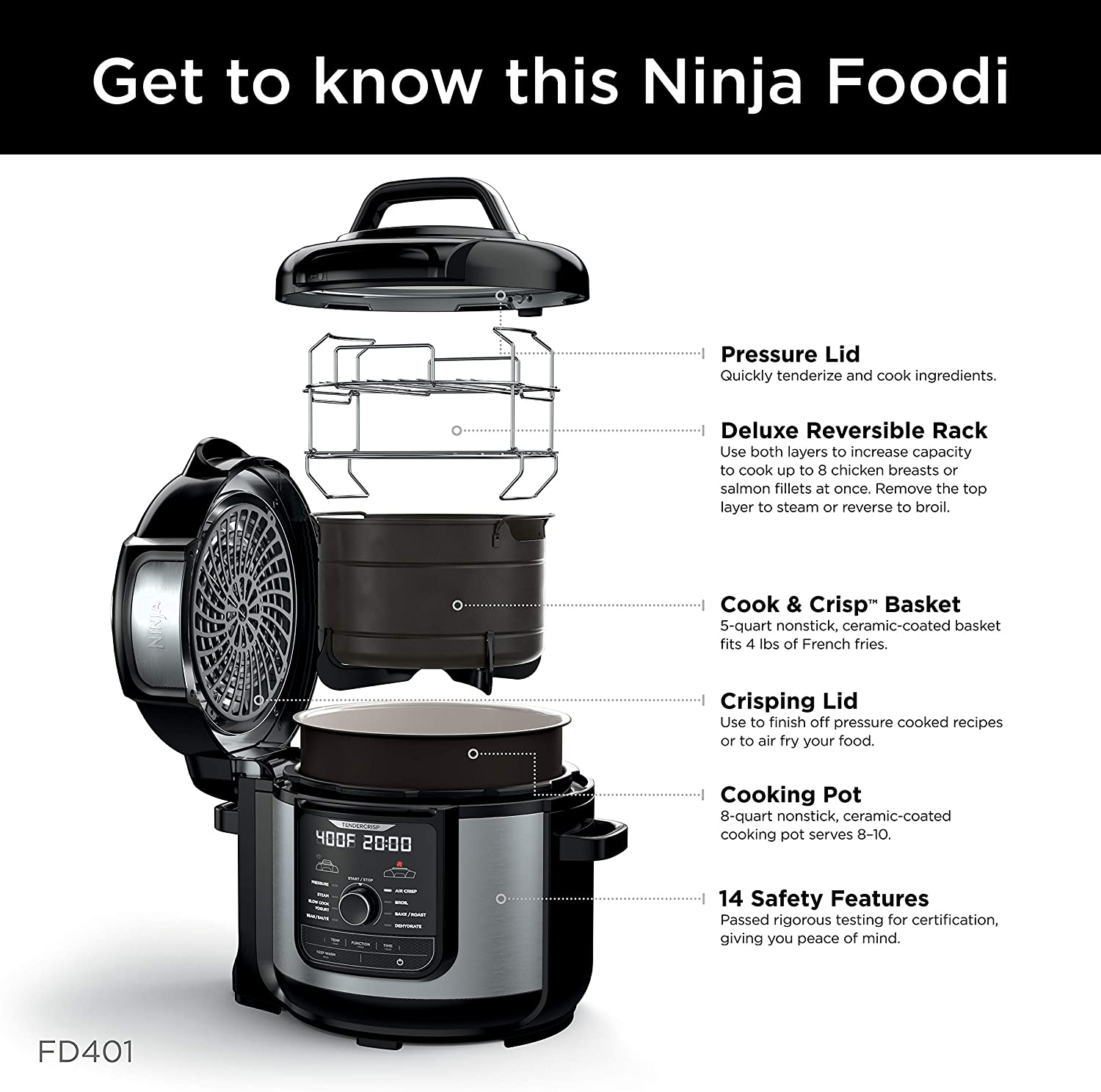 Ninja FD401 Foodi 12-In-1 Deluxe XL 8 Qt. Pressure Cooker & Air Fryer That Steams, Slow Cooks, Sears, Sautés, Dehydrates & More, with 5 Qt. Crisper Basket, Deluxe Reversible Rack & Recipe Book, Silver