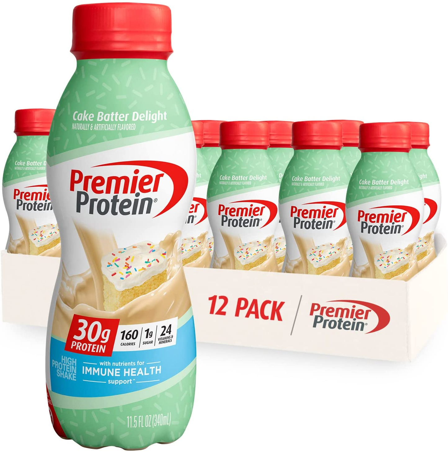 Premier Protein Shake, Cake Batter Delight, 30g Protein, 1g Sugar, 24 Vitamins & Minerals, Nutrients to Support Immune Health, 11.5 Fl Oz, Pack of 12
