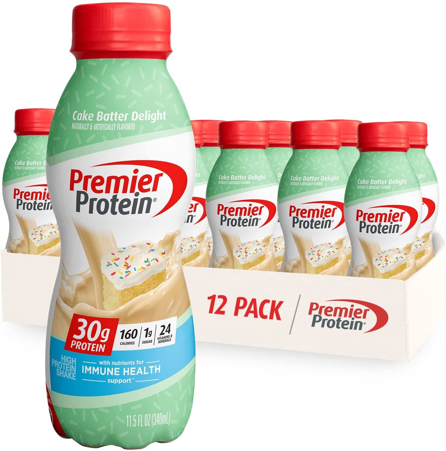 Premier Protein Shake, Cake Batter Delight, 30g Protein, 1g Sugar, 24 Vitamins & Minerals, Nutrients to Support Immune Health, 11.5 Fl Oz, Pack of 12
