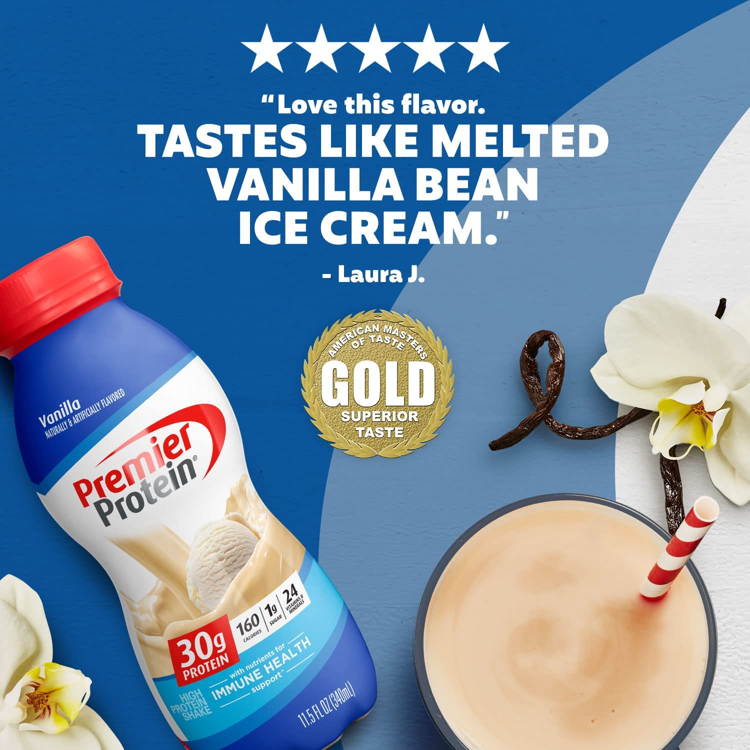 Premier Protein Shake, Vanilla, 30g Protein, 1g Sugar, 24 Vitamins & Minerals, Nutrients to Support Immune Health, 11.5 Fl Oz, Pack of 12