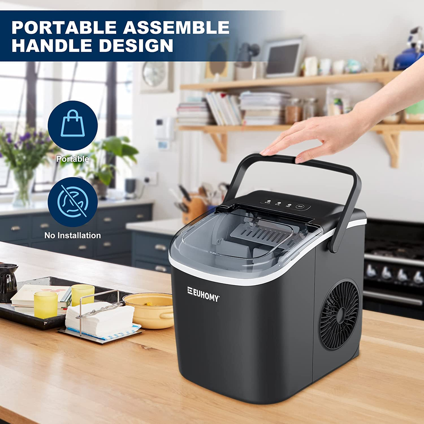 Euhomy Ice Maker Machine Countertop with Handle, 26Lbs/24H, 9 Bullet Ice Cubes Ready in 6 Mins, Auto-Cleaning, Portable Ice Maker with Basket and Scoop, for Home/Kitchen/Camping/Rv. (Black)