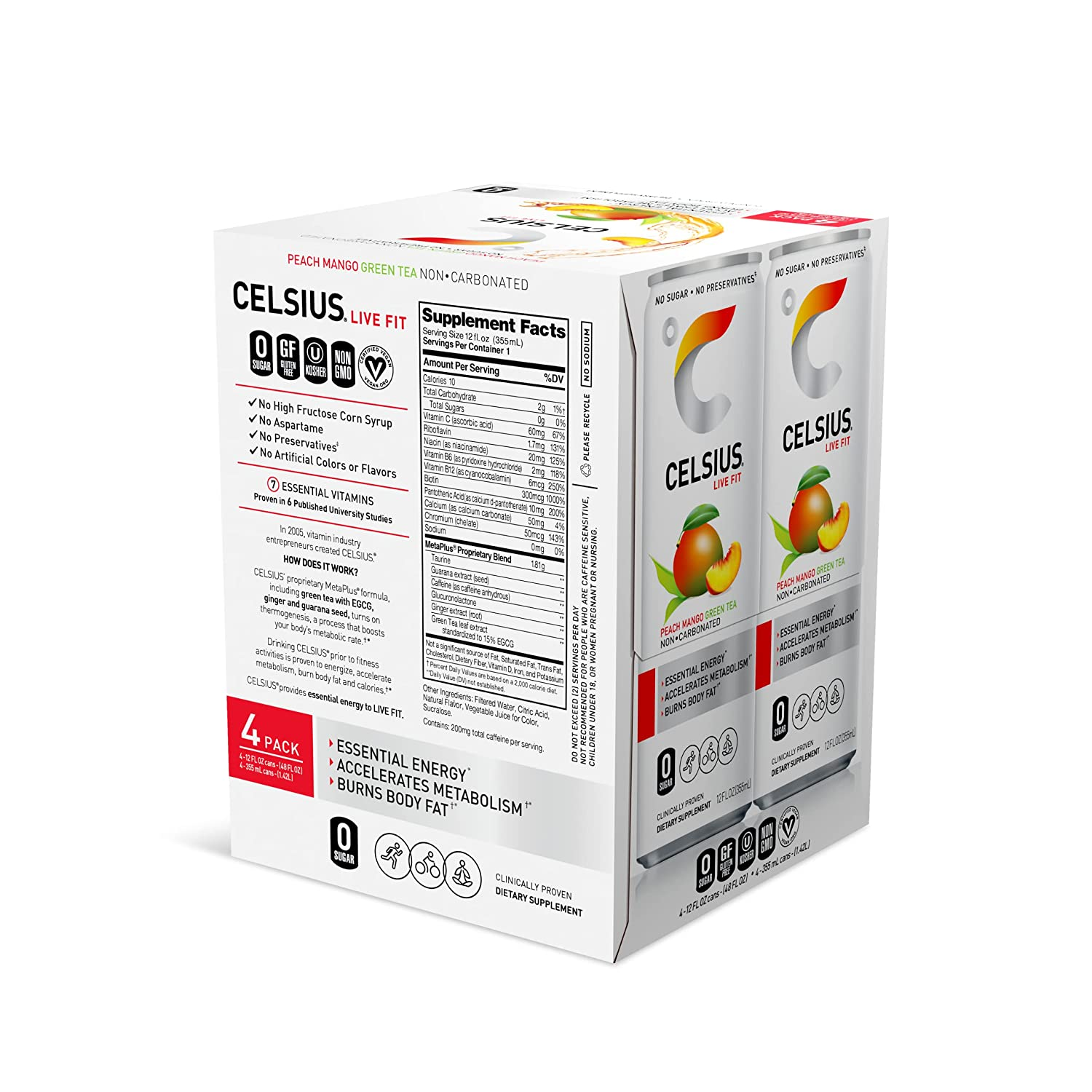 Essential Energy Drink 12 Fl Oz, Peach Mango Green Tea (Pack of 4)