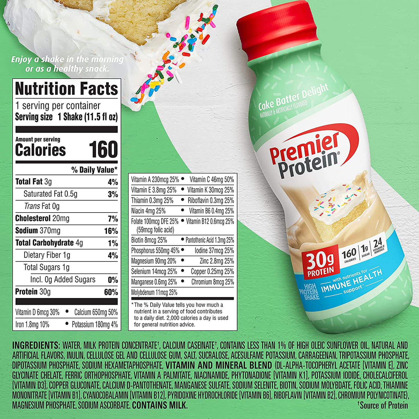 Premier Protein Shake, Cake Batter Delight, 30g Protein, 1g Sugar, 24 Vitamins & Minerals, Nutrients to Support Immune Health, 11.5 Fl Oz, Pack of 12