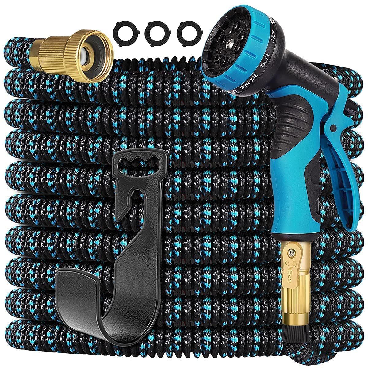 25Ft Garden Hose Expandable: Expandable Water Hose with Durable 3-Layers Latex and 10 Function Nozzle, Durable Water Hose with Solid Fittings (BLUE)