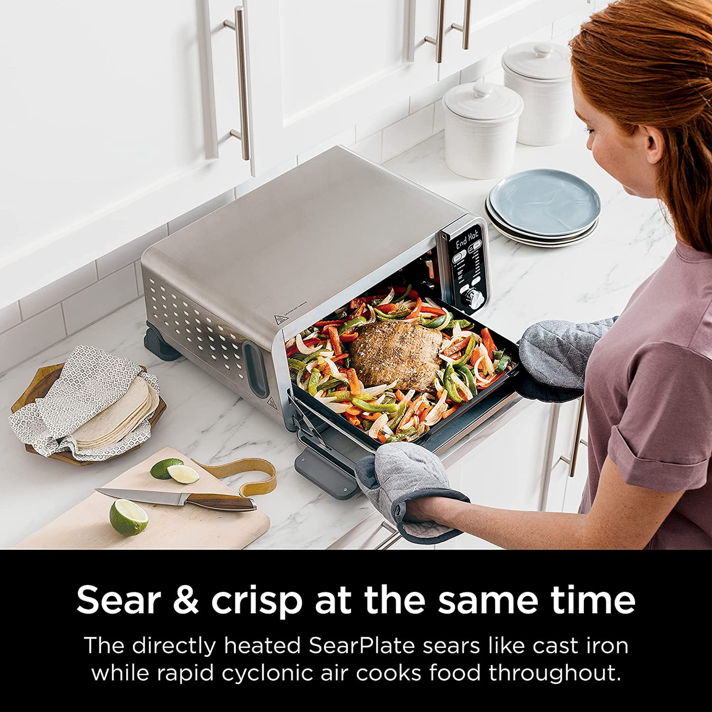 SP301 Dual Heat Air Fry Countertop 13-In-1 Oven with Extended Height, XL Capacity, Flip up & Away Capability for Storage Space, with Air Fry Basket, Searplate, Wire Rack & Crumb Tray, Silver