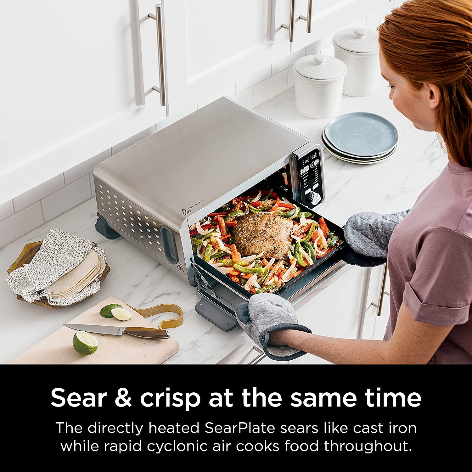 SP301 Dual Heat Air Fry Countertop 13-In-1 Oven with Extended Height, XL Capacity, Flip up & Away Capability for Storage Space, with Air Fry Basket, Searplate, Wire Rack & Crumb Tray, Silver