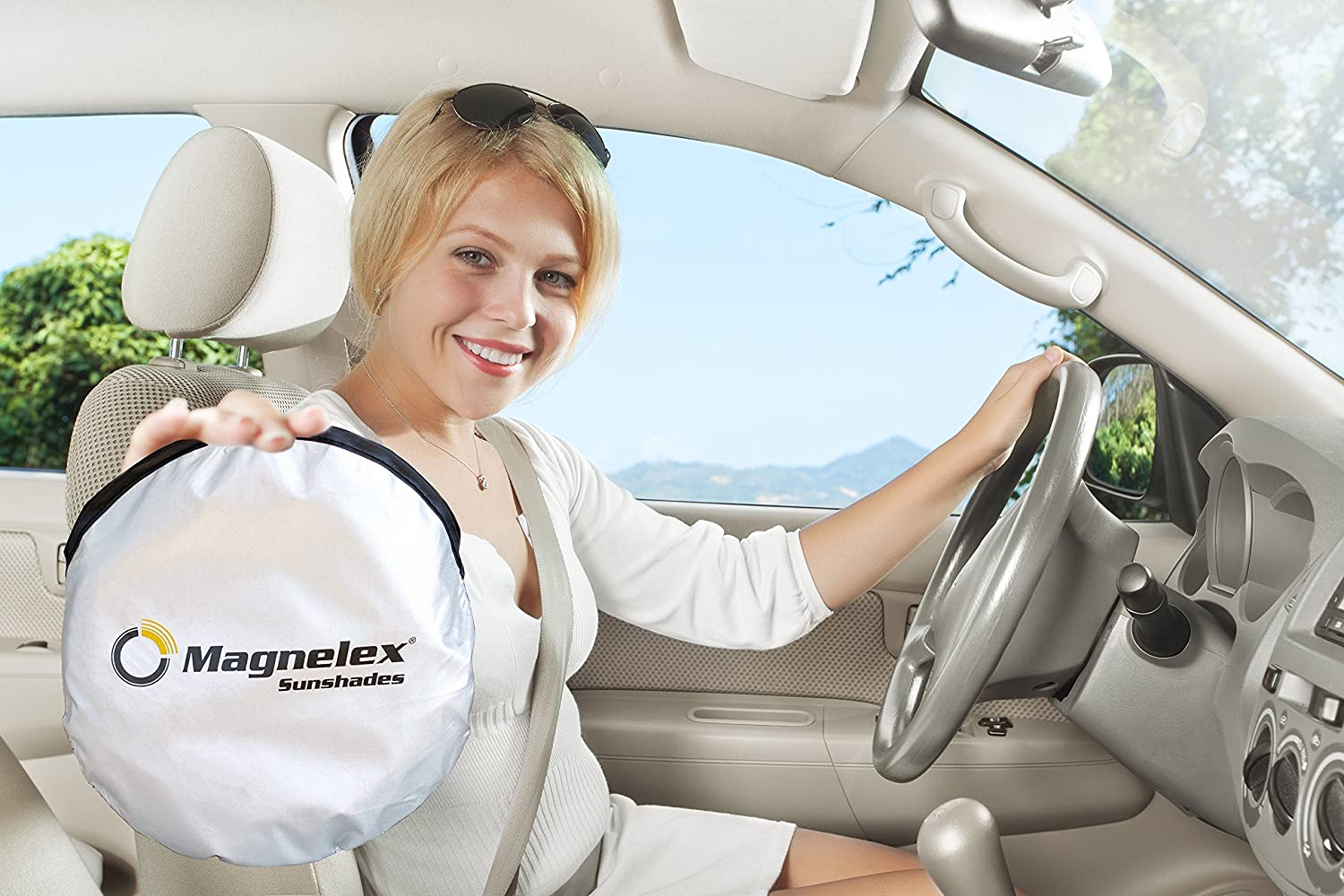 Magnelex Windshield Sunshade with Bonus Steering Wheel Sun Shade. Reflective Polyester Blocks Heat and Sun. Foldable Sun Shield Keeps Your Vehicle Cool (Medium 59 X 31 In)
