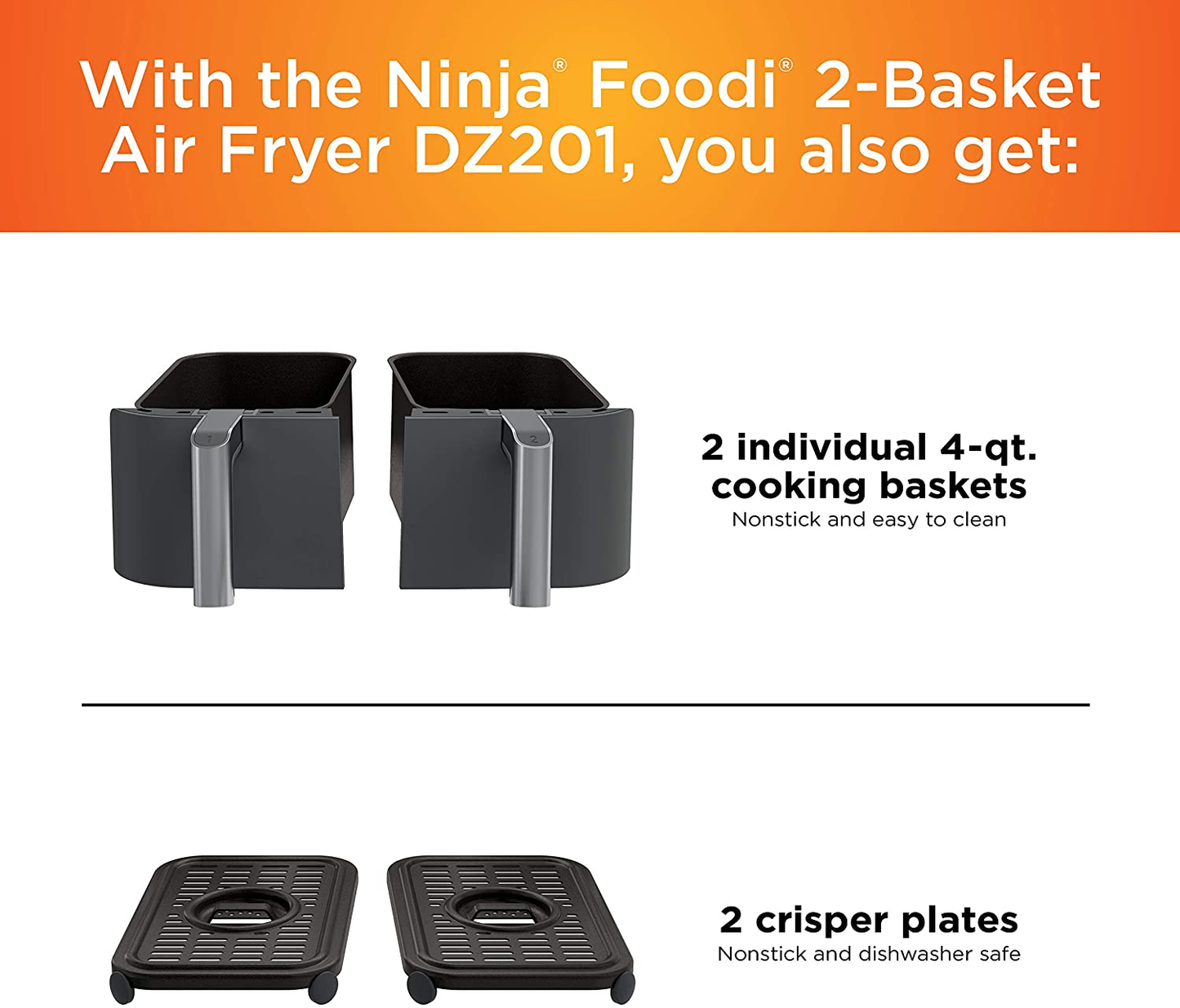 DZ201 Foodi 8 Quart 6-In-1 Dualzone 2-Basket Air Fryer with 2 Independent Frying Baskets, Match Cook & Smart Finish to Roast, Broil, Dehydrate & More for Quick, Easy Meals, Grey