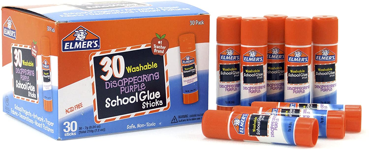 Disappearing Purple School Glue, Washable, 30 Pack, 0.24-Ounce Sticks