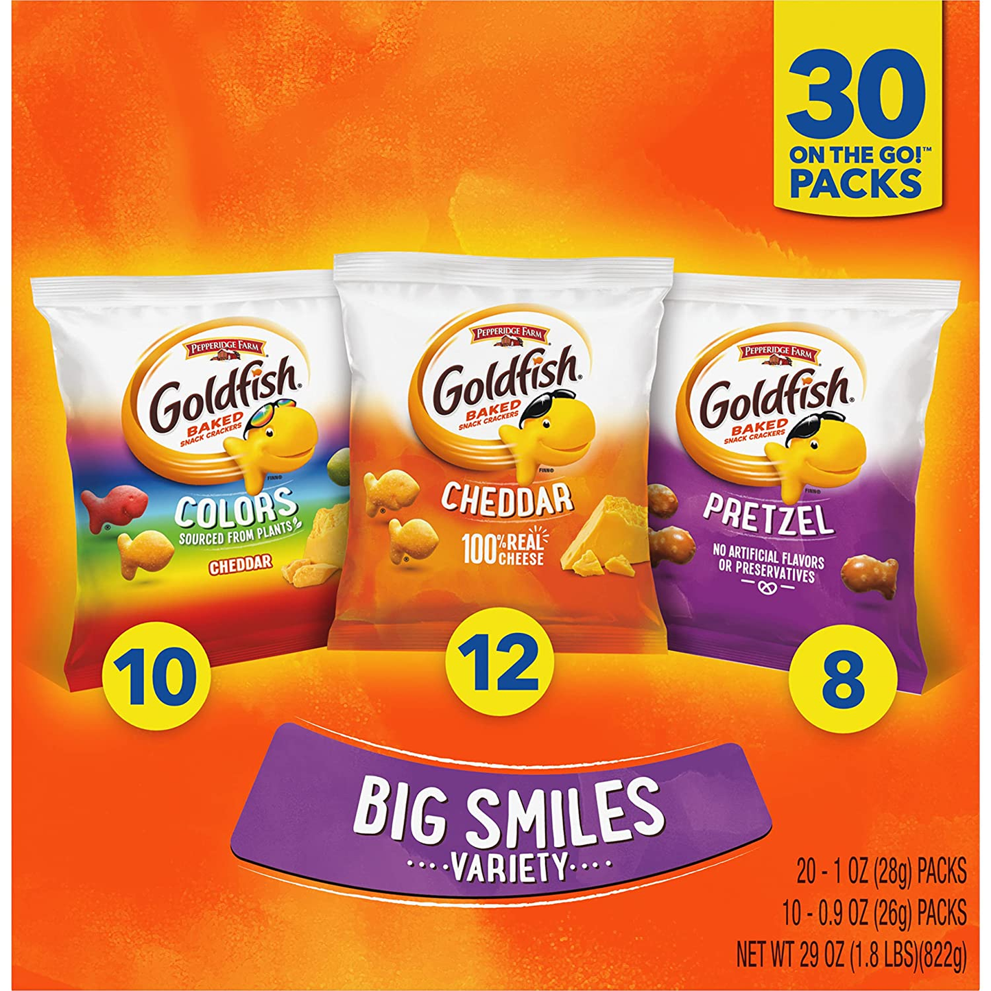 Goldfish Crackers Big Smiles with Cheddar, Colors, and Pretzel Crackers, Snack Packs, 30 CT Variety Pack Box