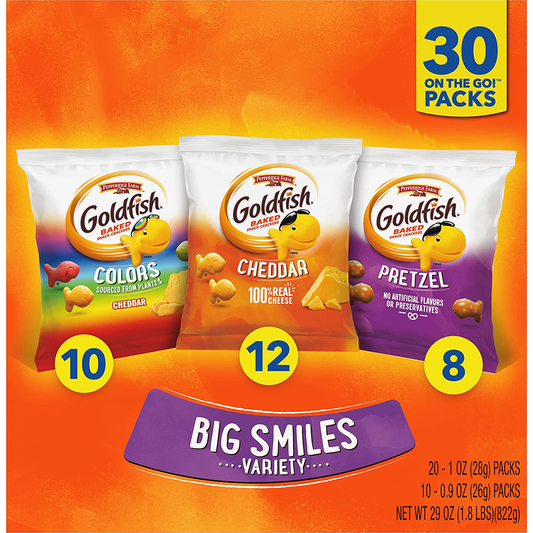 Goldfish Crackers Big Smiles with Cheddar, Colors, and Pretzel Crackers, Snack Packs, 30 CT Variety Pack Box