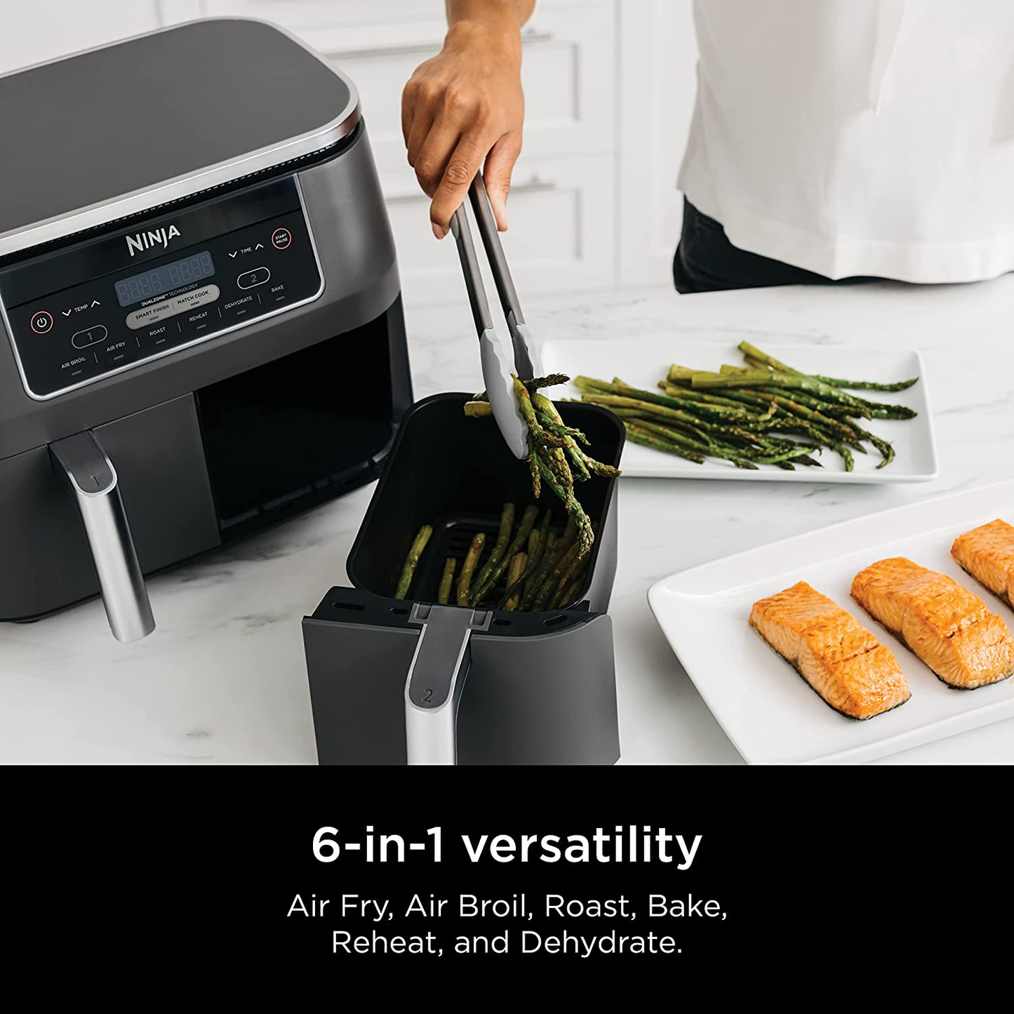 DZ201 Foodi 8 Quart 6-In-1 Dualzone 2-Basket Air Fryer with 2 Independent Frying Baskets, Match Cook & Smart Finish to Roast, Broil, Dehydrate & More for Quick, Easy Meals, Grey