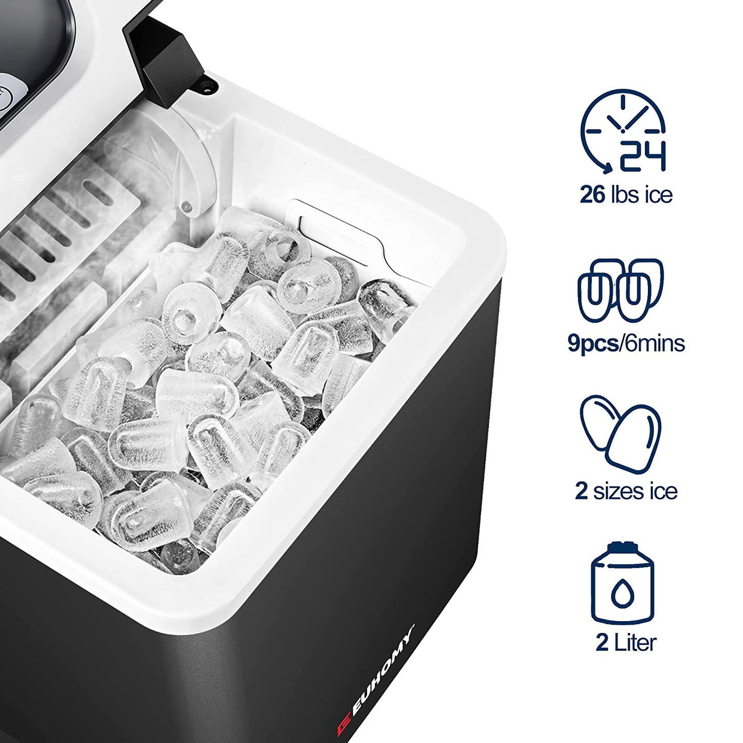 Euhomy Ice Maker Machine Countertop, 26 Lbs/24H, 9 Cubes Ready in 6 Mins, Self-Cleaning Electric Ice Maker Compact Potable Ice Maker with Ice Scoop and Basket. for Home/Kitchen/Camping/Rv.(Black)