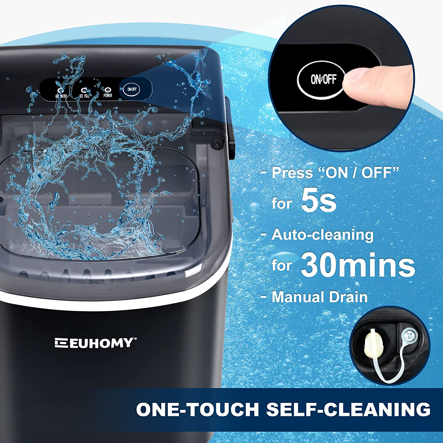 Euhomy Ice Maker Machine Countertop with Handle, 26Lbs/24H, 9 Bullet Ice Cubes Ready in 6 Mins, Auto-Cleaning, Portable Ice Maker with Basket and Scoop, for Home/Kitchen/Camping/Rv. (Black)