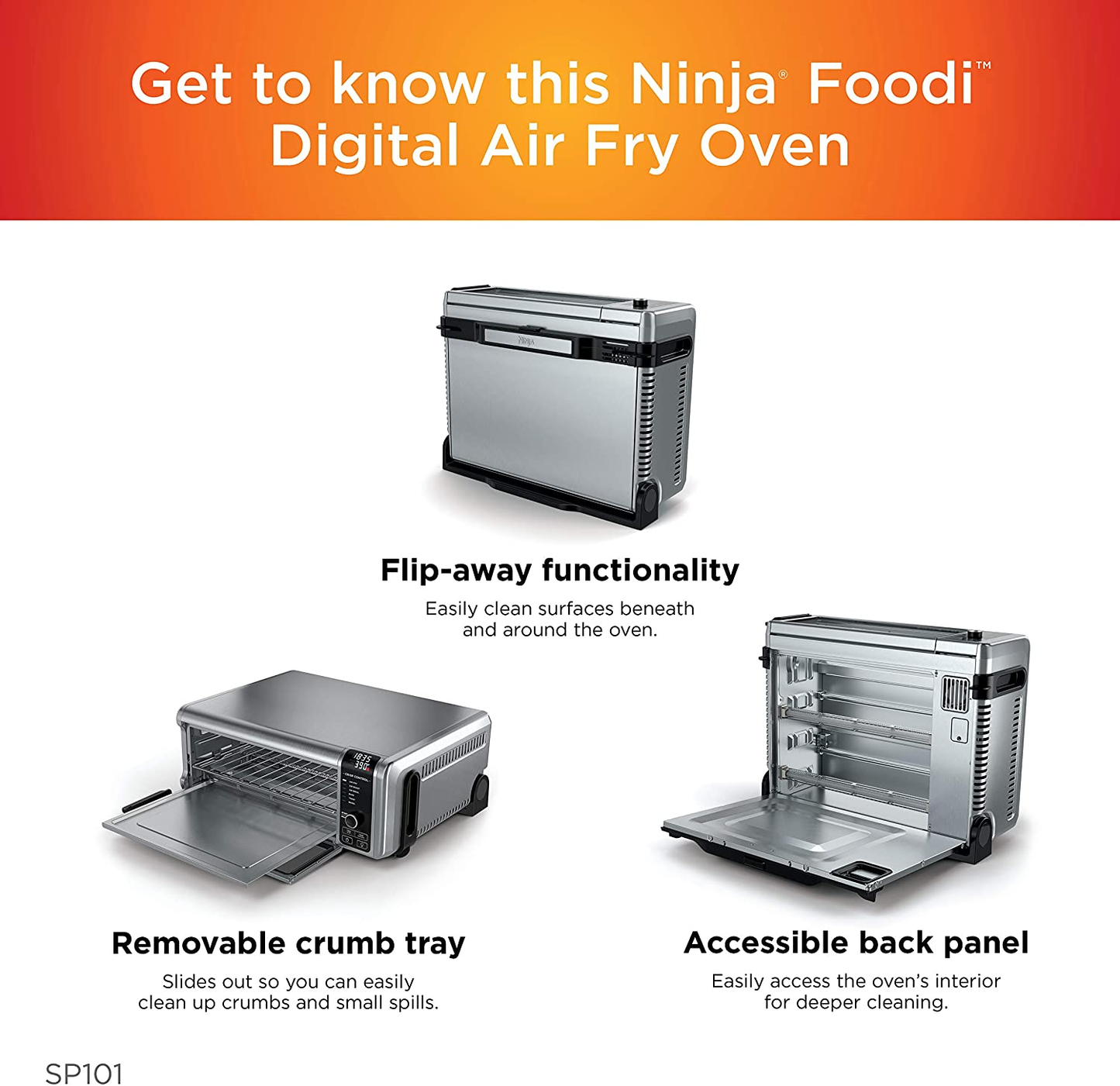 SP101 Digital Air Fry Countertop Oven with 8-In-1 Functionality, Flip up & Away Capability for Storage Space, with Air Fry Basket, Wire Rack & Crumb Tray, Silver