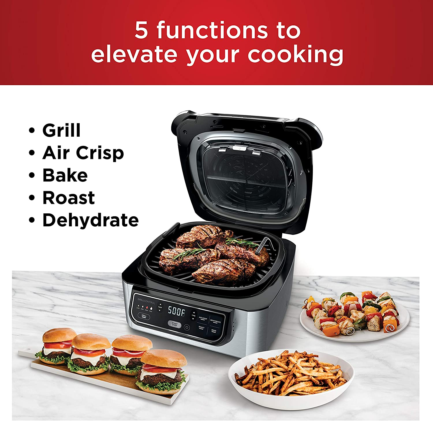 AG301 Foodi 5-In-1 Indoor Grill with Air Fry, Roast, Bake & Dehydrate, Black/Silver