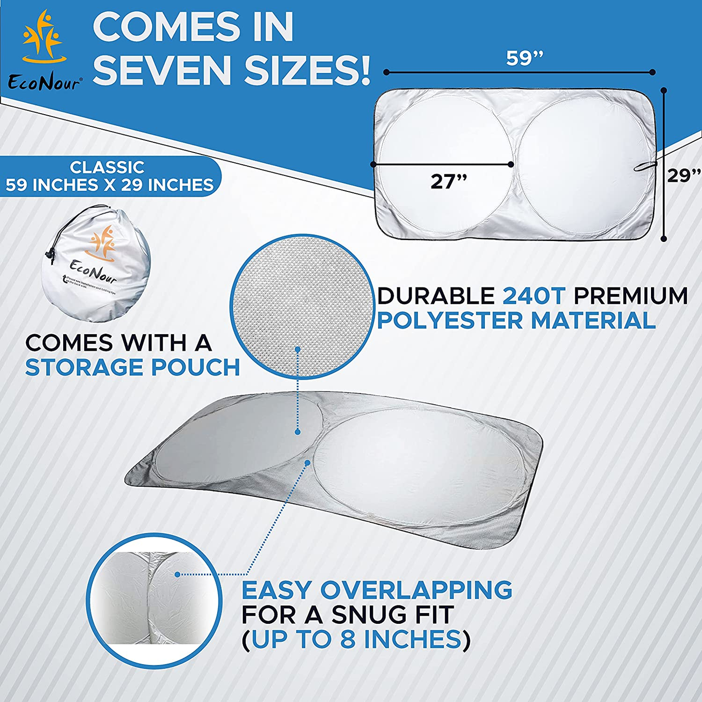 Car Windshield Sun Shade with Storage Pouch | Durable 240T Material Car Sun Visor for UV Rays and Sun Heat Protection | Car Interior Accessories for Sun Heat | Classic (59 Inches X 29 Inches)