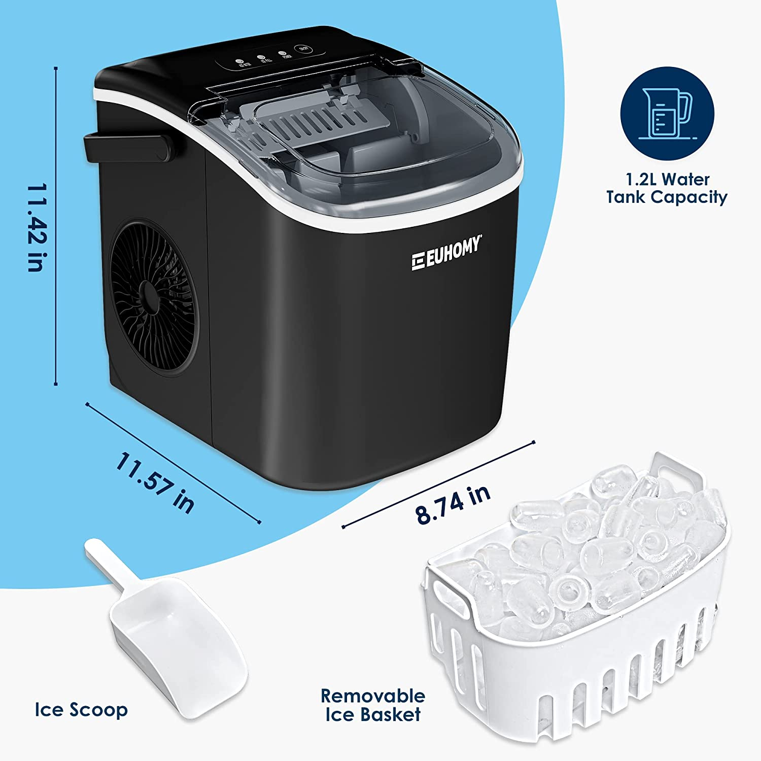 Euhomy Ice Maker Machine Countertop with Handle, 26Lbs/24H, 9 Bullet Ice Cubes Ready in 6 Mins, Auto-Cleaning, Portable Ice Maker with Basket and Scoop, for Home/Kitchen/Camping/Rv. (Black)
