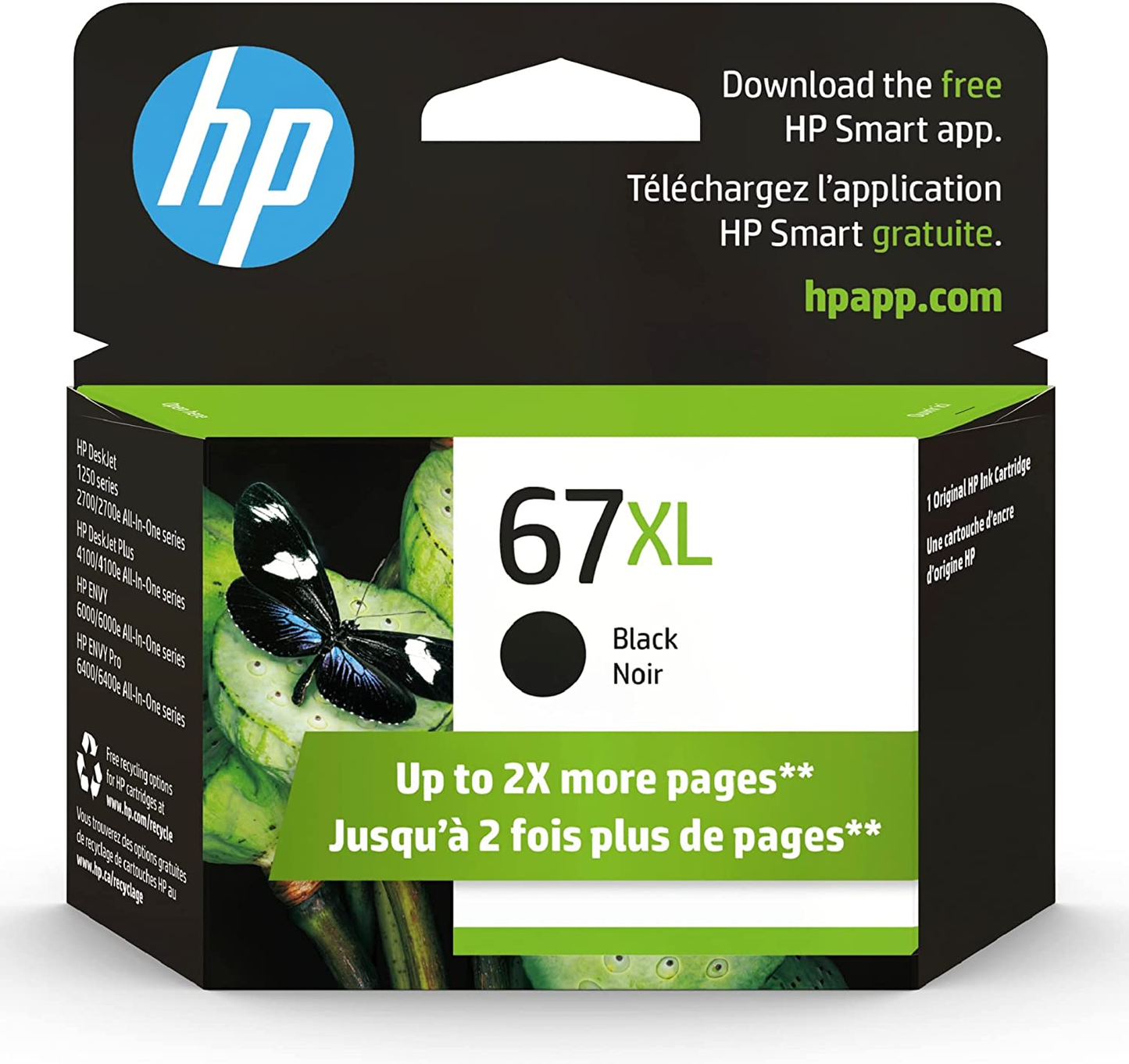 Original  67XL Black High-Yield Ink Cartridge | Works with  Deskjet 1255, 2700, 4100 Series,  ENVY 6000, 6400 Series | Eligible for Instant Ink | 3YM57AN