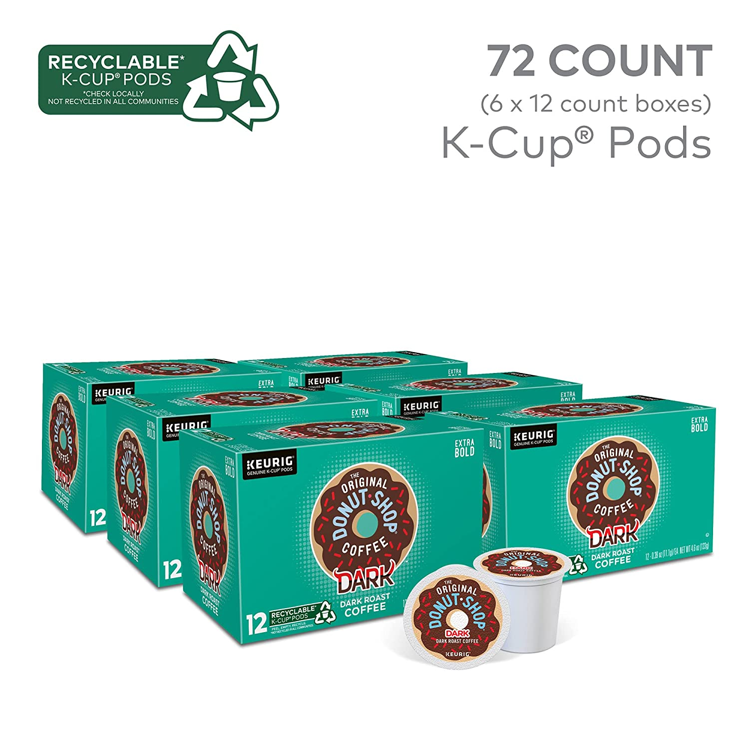 The Original Donut Shop Dark, Single-Serve  K-Cup Pods, Dark Roast Coffee, 12 Count (Pack of 6)