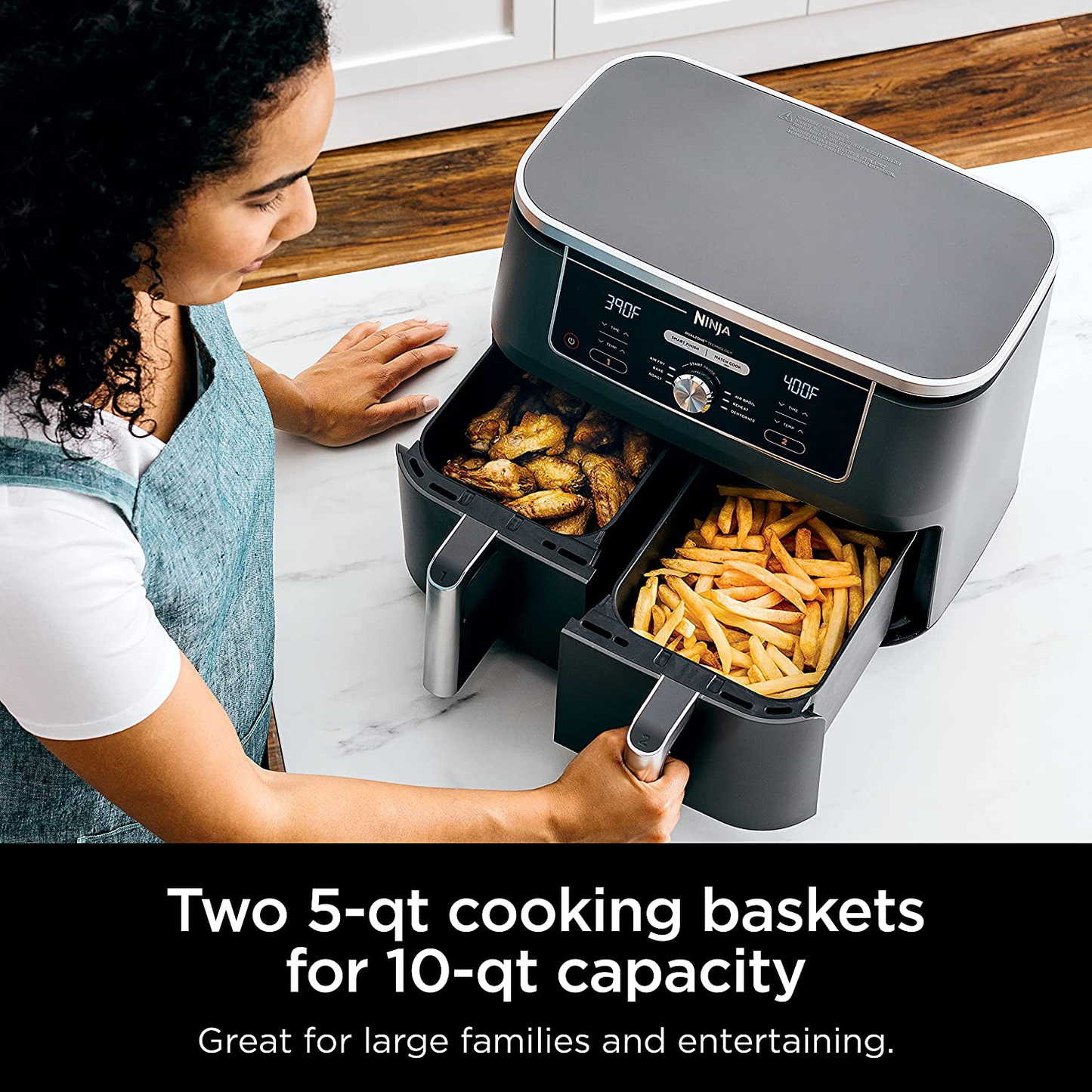 DZ401 Foodi 10 Quart 6-In-1 Dualzone XL 2-Basket Air Fryer with 2 Independent Frying Baskets, Match Cook & Smart Finish to Roast, Broil, Dehydrate & More for Quick, Easy Family-Sized Meals, Grey