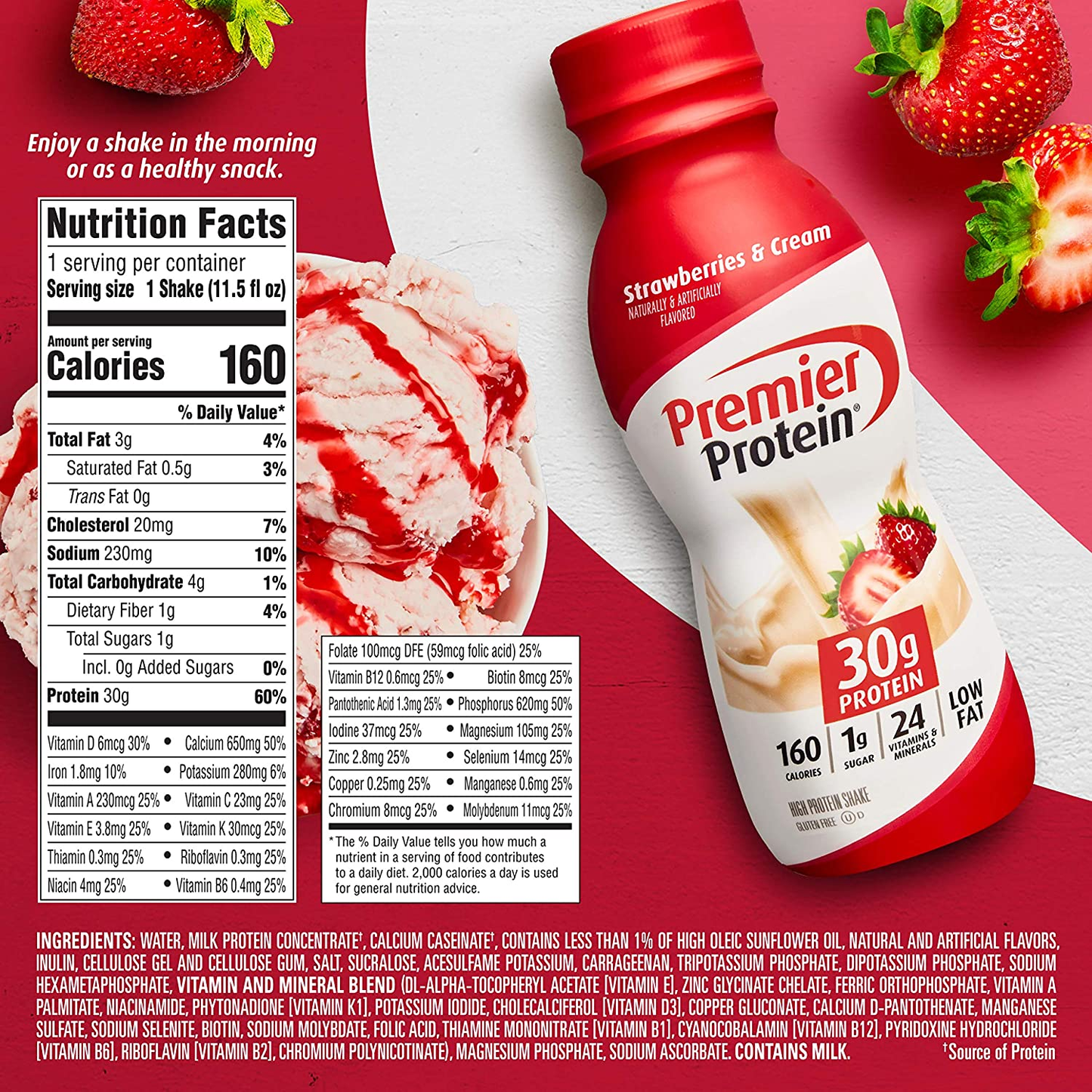 Premier Protein Shake, Strawberries, 30g Protein, 1g Sugar, 24 Vitamins & Minerals, Nutrients to Support Immune Health, 138.0 Fl Oz, Pack of 12