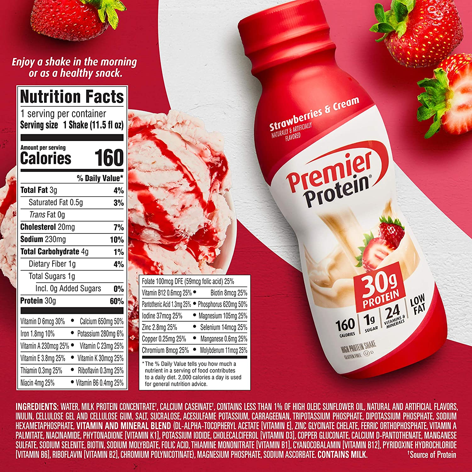 Premier Protein Shake, Strawberries, 30g Protein, 1g Sugar, 24 Vitamins & Minerals, Nutrients to Support Immune Health, 138.0 Fl Oz, Pack of 12