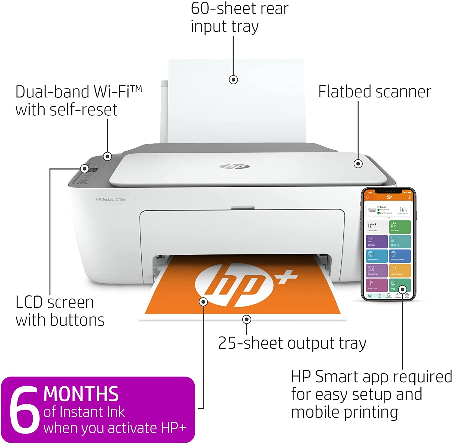Deskjet 2755E Wireless Color All-In-One Printer with Bonus 6 Months Instant Ink with + (26K67A)