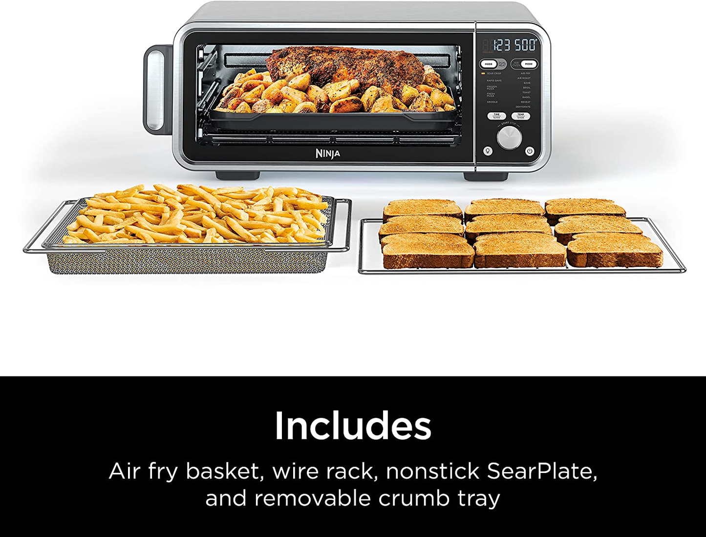 SP301 Dual Heat Air Fry Countertop 13-In-1 Oven with Extended Height, XL Capacity, Flip up & Away Capability for Storage Space, with Air Fry Basket, Searplate, Wire Rack & Crumb Tray, Silver