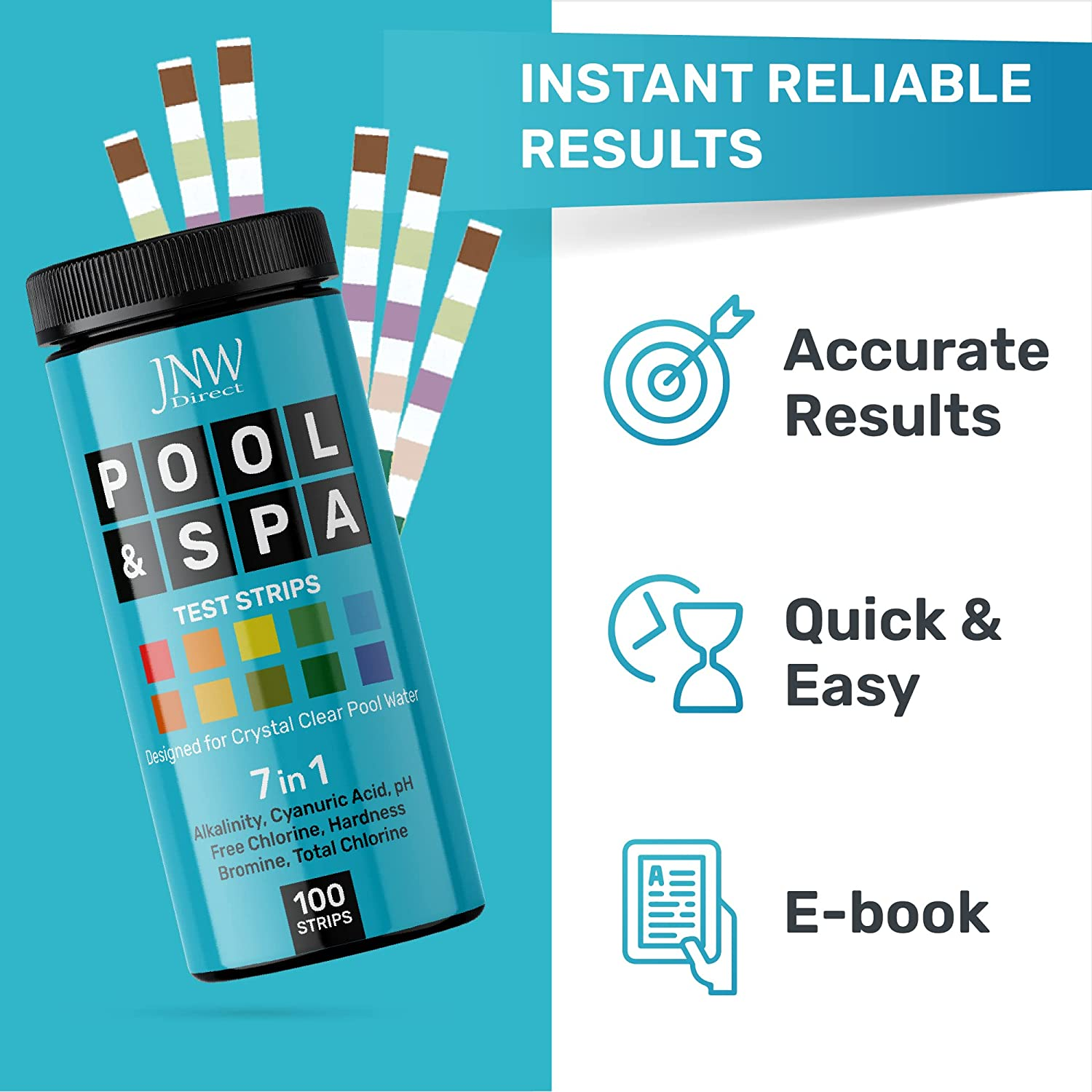 Pool and Spa Test Strips - Quick and Accurate Pool Test Strips - 7-1 Pool Test Kit - 100 Bromine, Ph, Hardness and Chlorine Test Strips - with E-Book - 100 Water Test Strips -