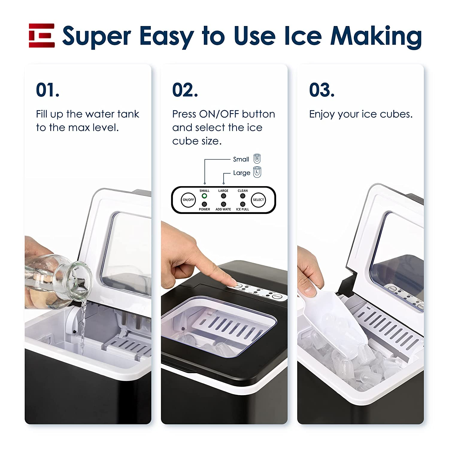 Euhomy Ice Maker Machine Countertop, 26 Lbs/24H, 9 Cubes Ready in 6 Mins, Self-Cleaning Electric Ice Maker Compact Potable Ice Maker with Ice Scoop and Basket. for Home/Kitchen/Camping/Rv.(Black)