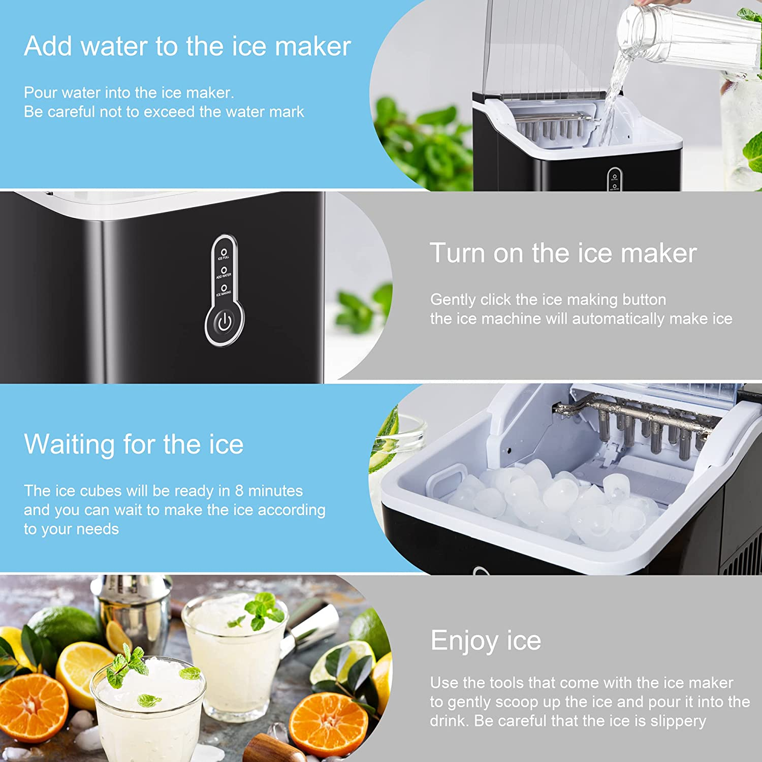 Ice Maker Countertop, Efficient Easy Carry Ice Maker, Self-Cleaning Ice Maker with Ice Scoop & Basket, 9Pcs/ 8Mins 26.6Lbs per Day for Home/Office/Kitchen, Black