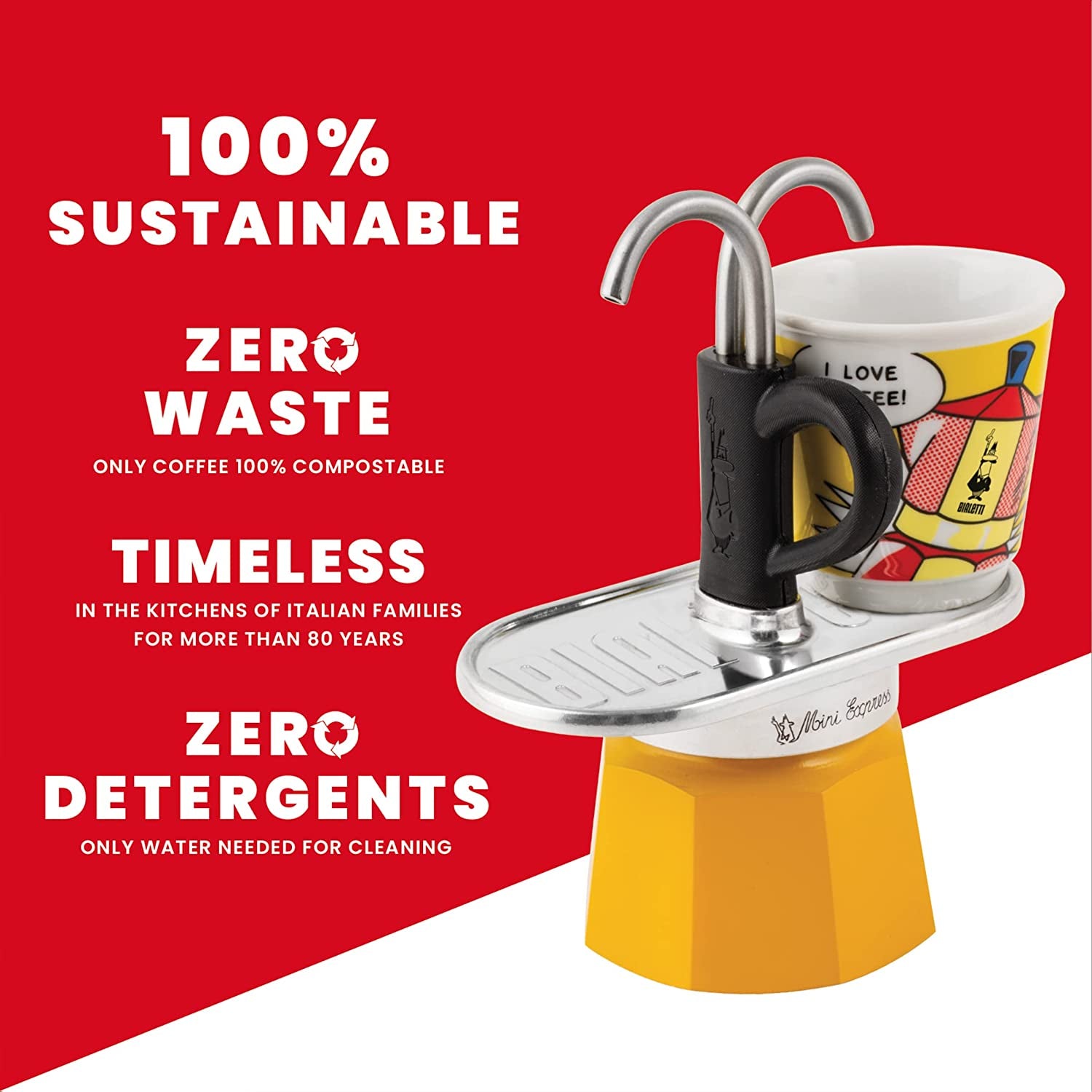 - Mini Express Lichtenstein: Moka Set Includes Coffee Maker 2-Cup (2.8 Oz) + 2 Shot Glasses, Yellow, Aluminium