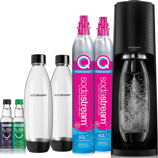 Terra Sparkling Water Maker Bundle (Black), with CO2, DWS Bottles, and Bubly Drops Flavors